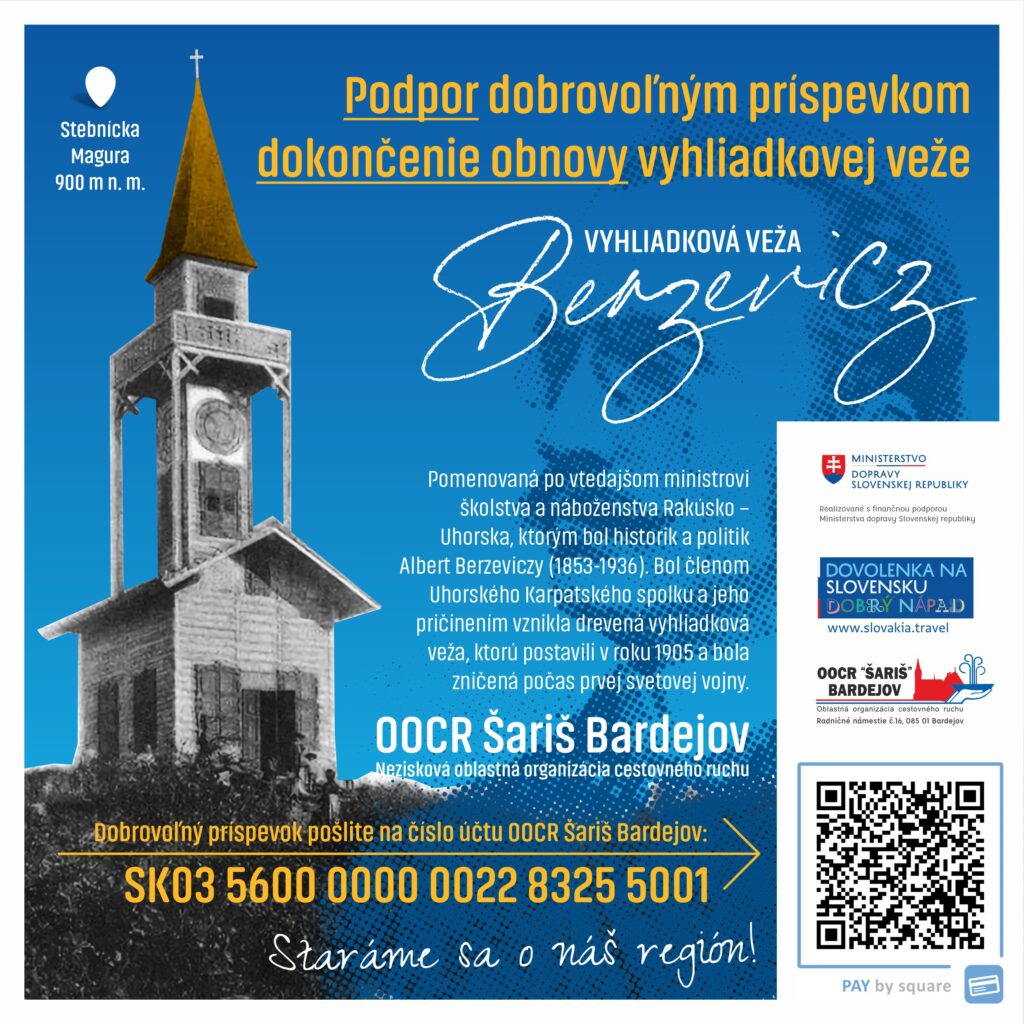 Plagát zobrazujúci qr kód vedľa obrázka Berzewiczovej vyhliadkovej veži, ktorý propaguje obnovu jeho historického významu na Stebníckej Magure